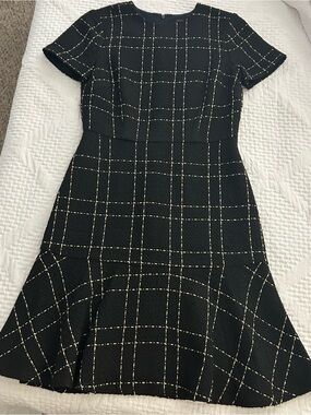 Ann Taylor Black Tweed Windowpane Midi Dress with Cream Grid